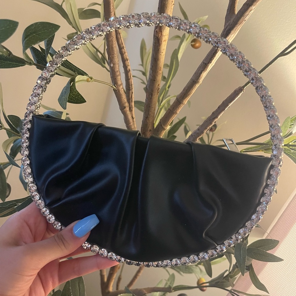 Black Satin Clutch with Rhinestone Handle